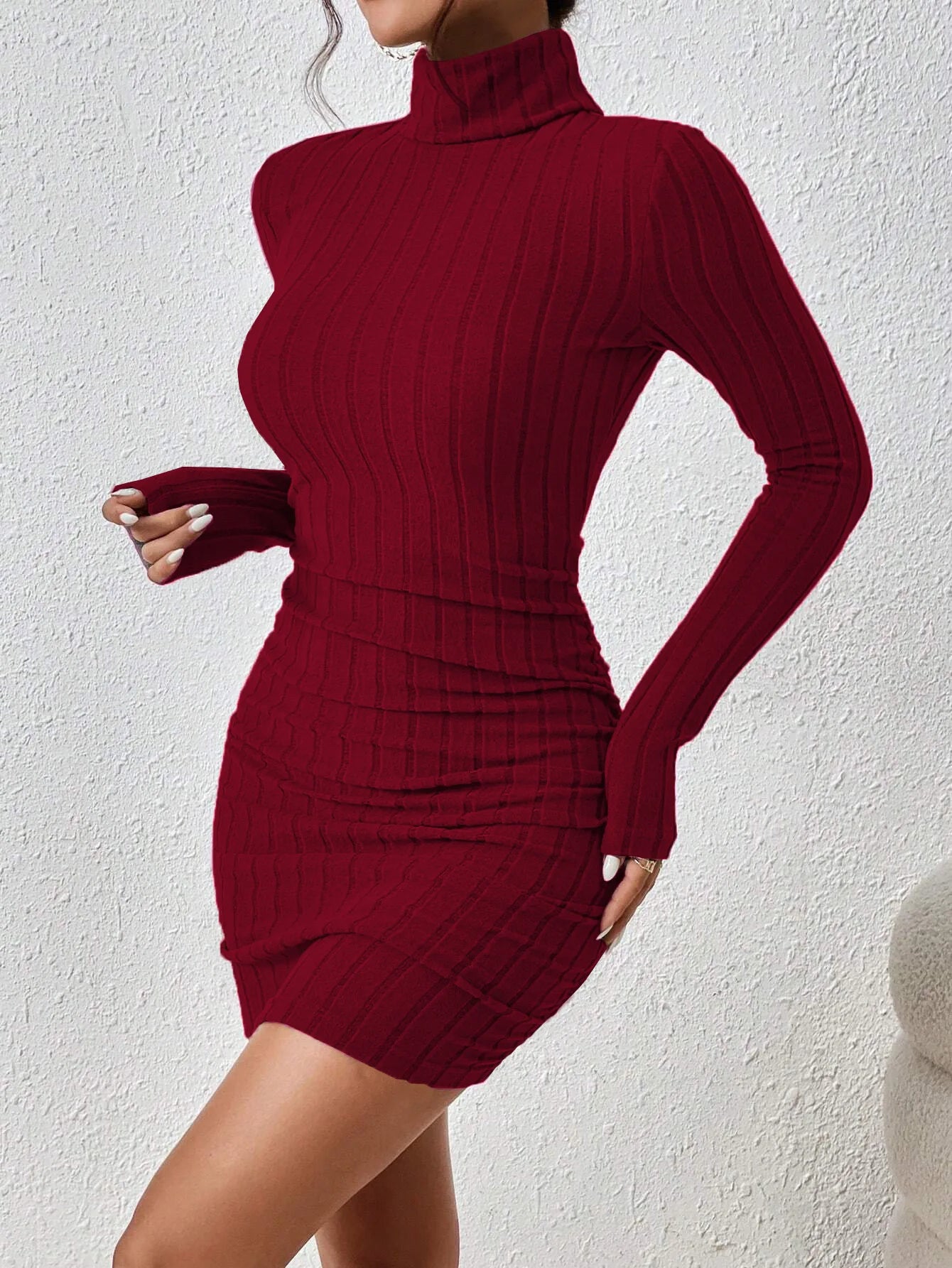 Women's Elegant Sexy Dress Autumn and Winter 2024 Burgundy Simple Style Turtleneck Short Slim New Fashion - Seprincess