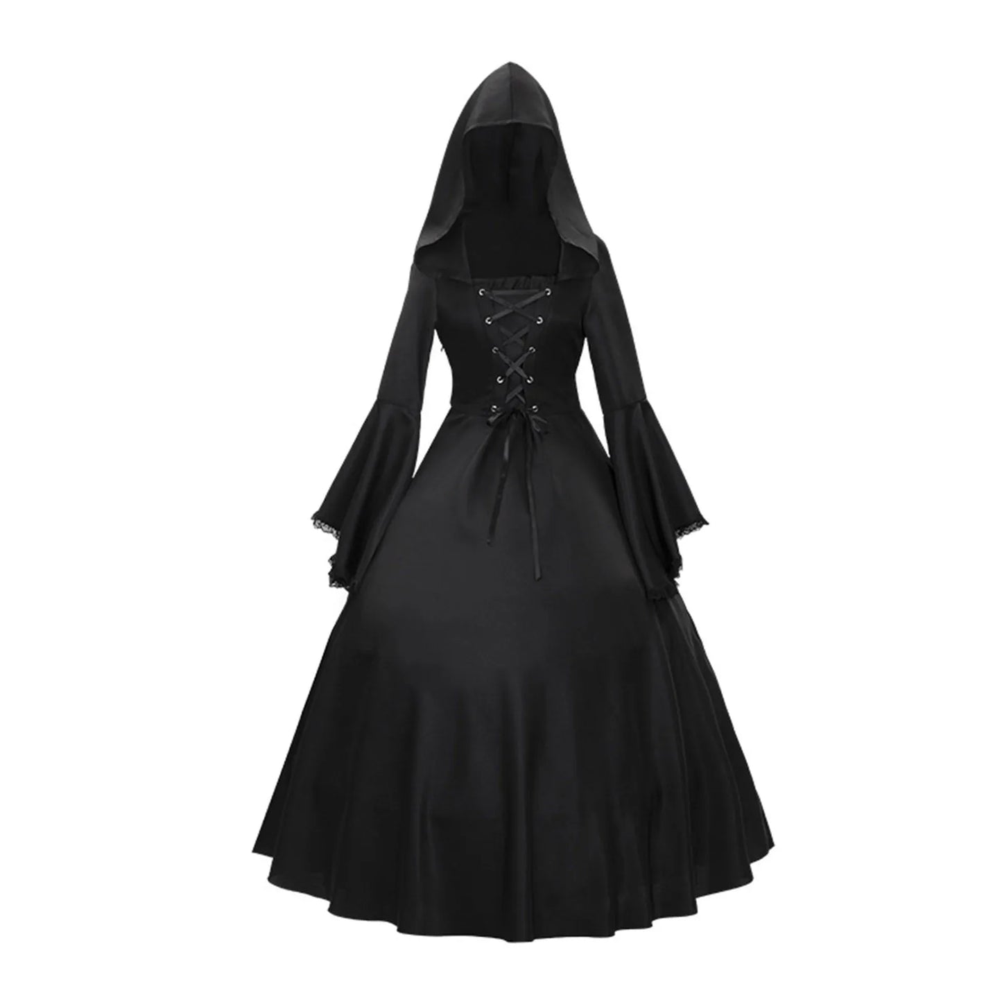 Gothic Medieval Dresses Retro Fashion Big Swing Long Sleeve Lace Up Hooded Dress Lace Flare Sleeve Dress Halloween Costumes - Seprincess