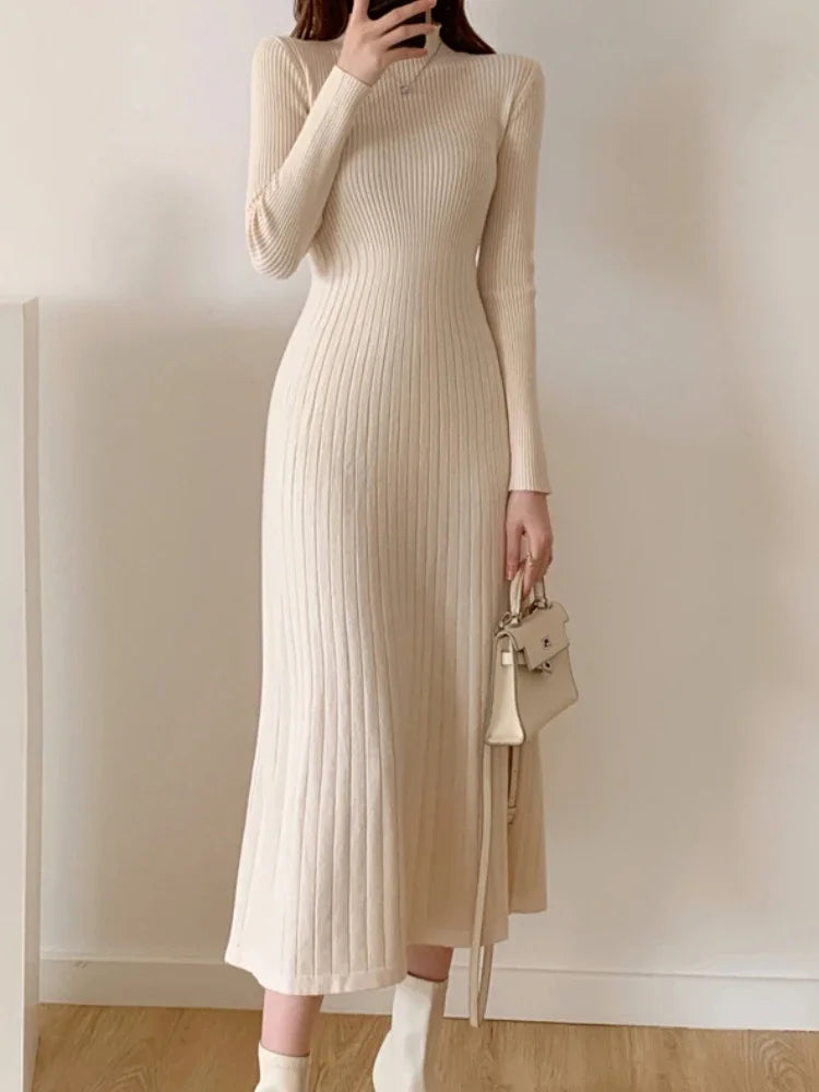 Autumn Winter 2024 Slim Long Sleeve Party Midi Dress for Women Knitted Half High Collar Elegant Knitted Sweater Dresses Ladies - Seprincess