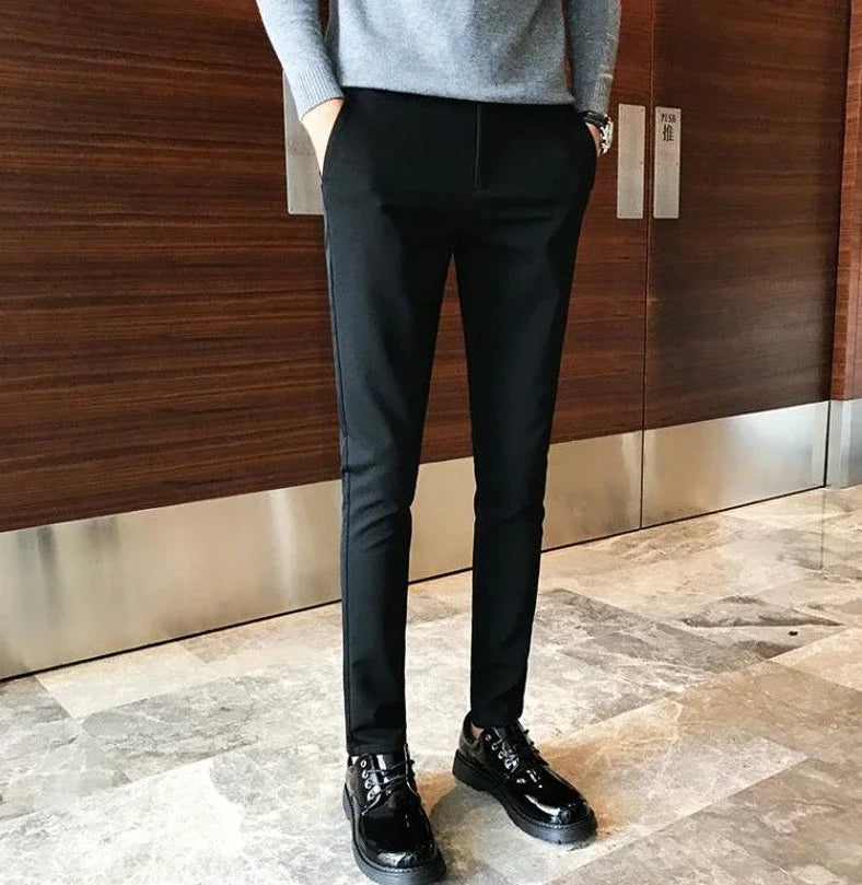 Elastic Business Tressed Male Suit Trousers 9 Cropped Fluid Stretch Social Tailoring Men's Summer Pants Draped Slim Fit Fabric