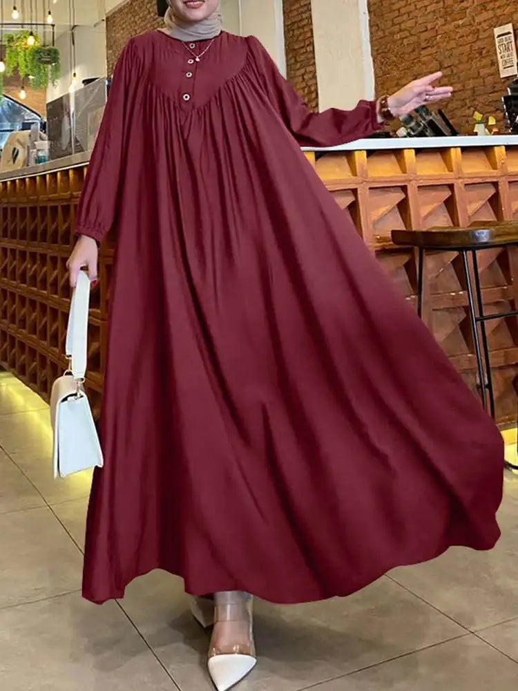 ZANZEA Islamic Dubai Hijab Dresses Autumn Muslim Dress Abaya Women Oversize Sundress Fashion Long Lantern Sleeve Maxi Vestidos - Seprincess