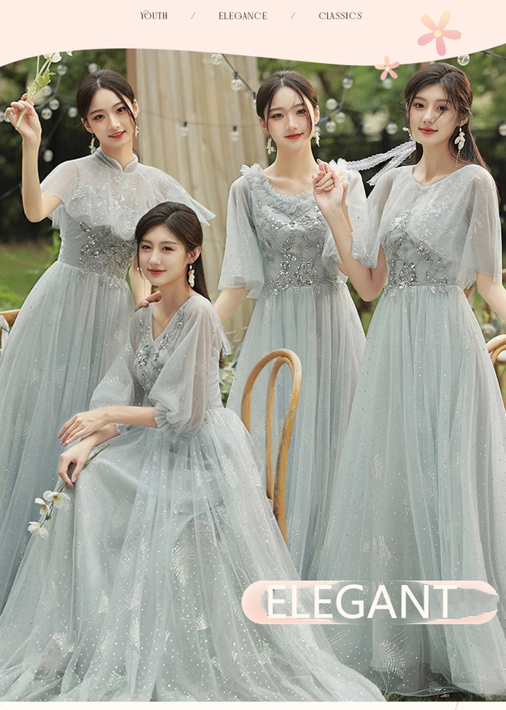 4 Styles Grey Bridesmaid Dress Women's Elegant V-neck Sequins Shawl Collar Slim A-line Gown Light Luxury Wedding Party Vestido - Seprincess