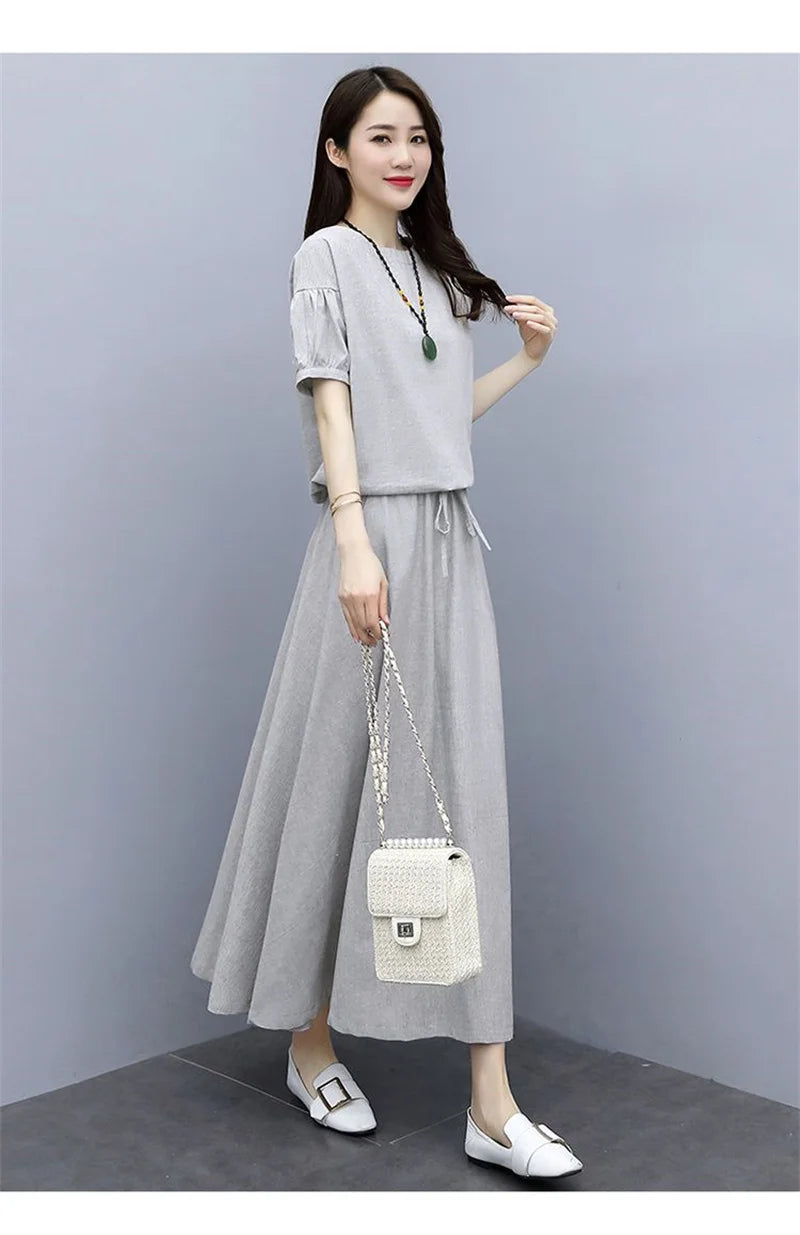 Cotton Linen Skirt Two-Piece Women's Summer 2024 New Set Slim Skirts Sleeve Suit Skirts Fashion 2PCS Temperament Female Outfit - Seprincess