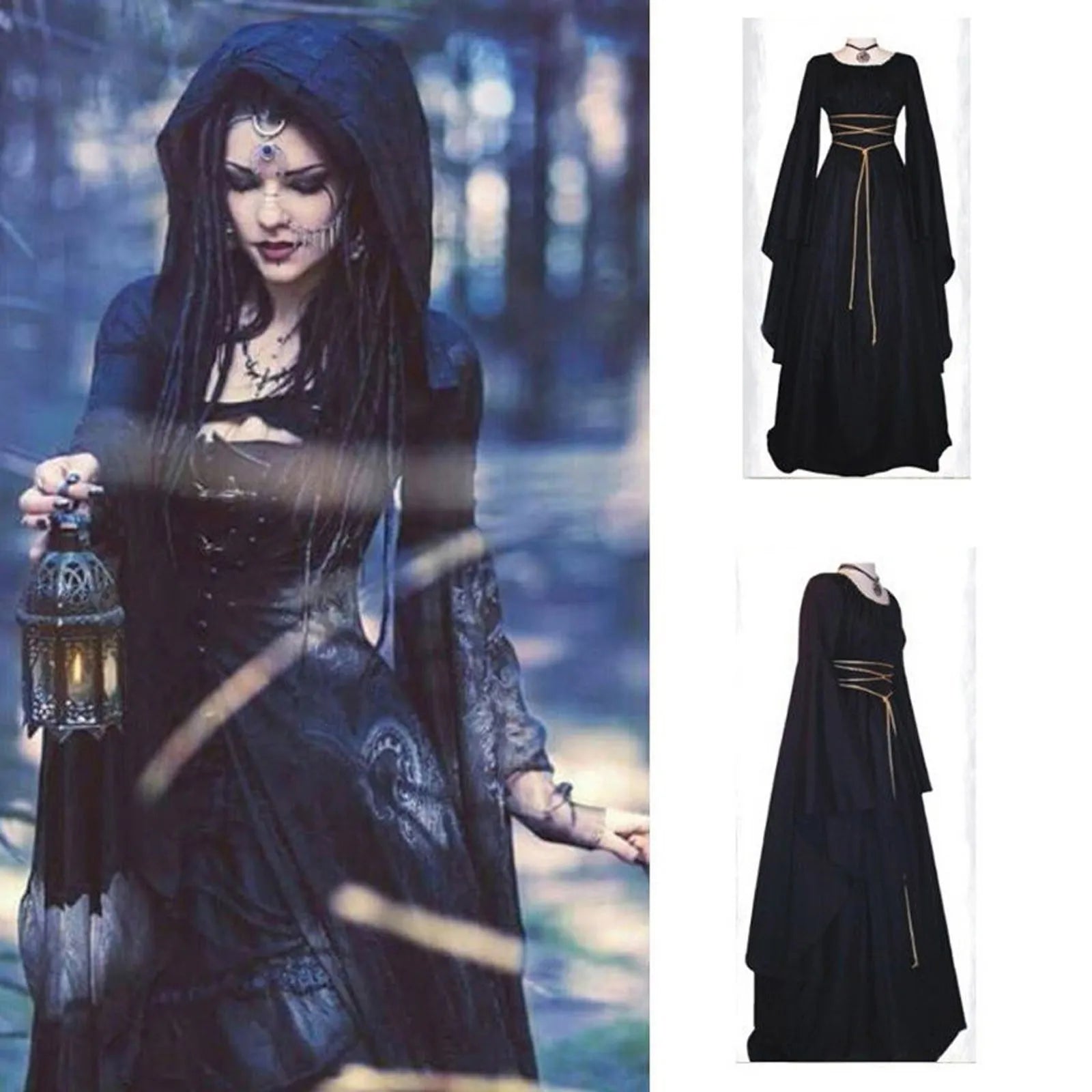 Vintage Gothic Style Black Maxi Dresses For Women Slim Fit Long Flare Sleeve Medieval Long Dresses Female Halloween Costumes - Seprincess