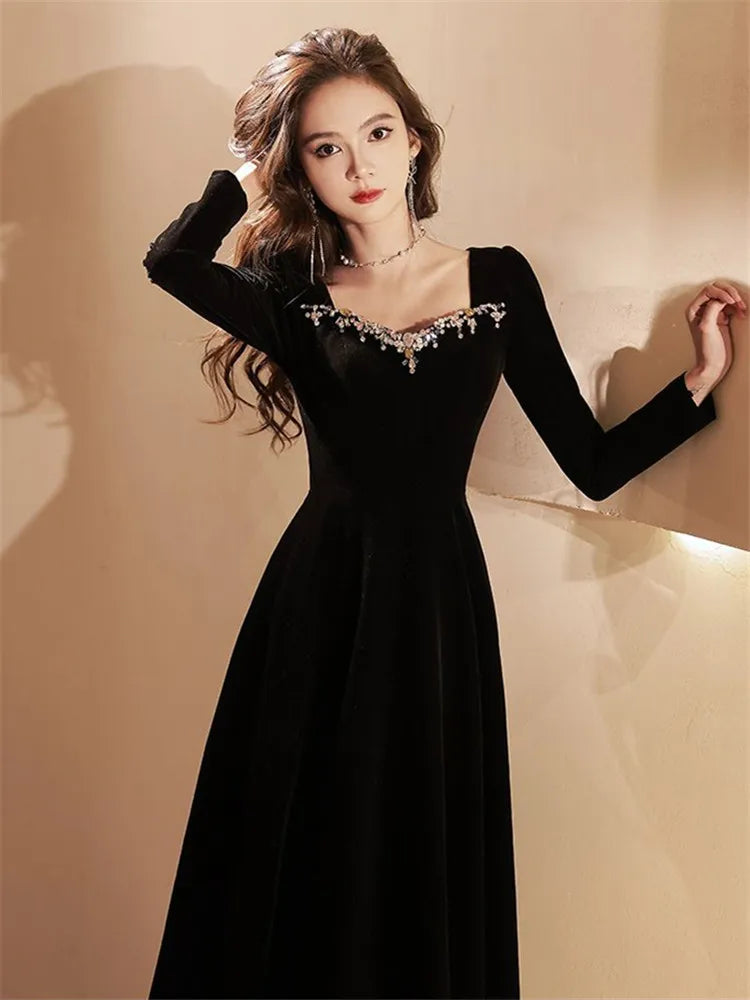 Black Dress Female Autumn Winter Solid Color Diamond Studded Bead Square Collar Long Sleeve A-line Skirt Women's Clothing M024 - Seprincess