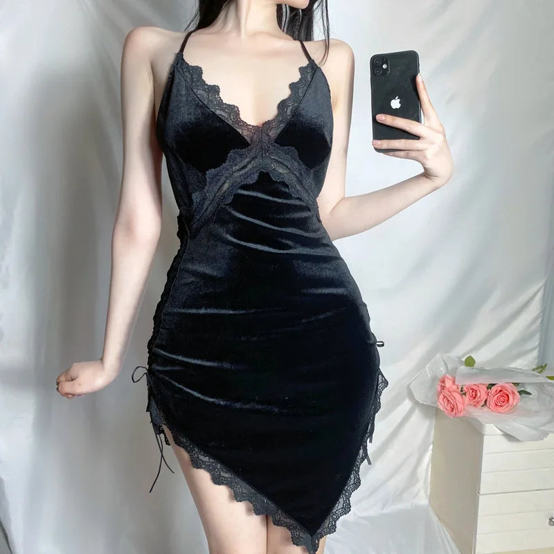 Sexy Velvet Short Dress For Woman Date Night Wife Fancy Nightgown Elegant Backless Nightdress Honeymoon Irregular V Neck Pajamas - Seprincess