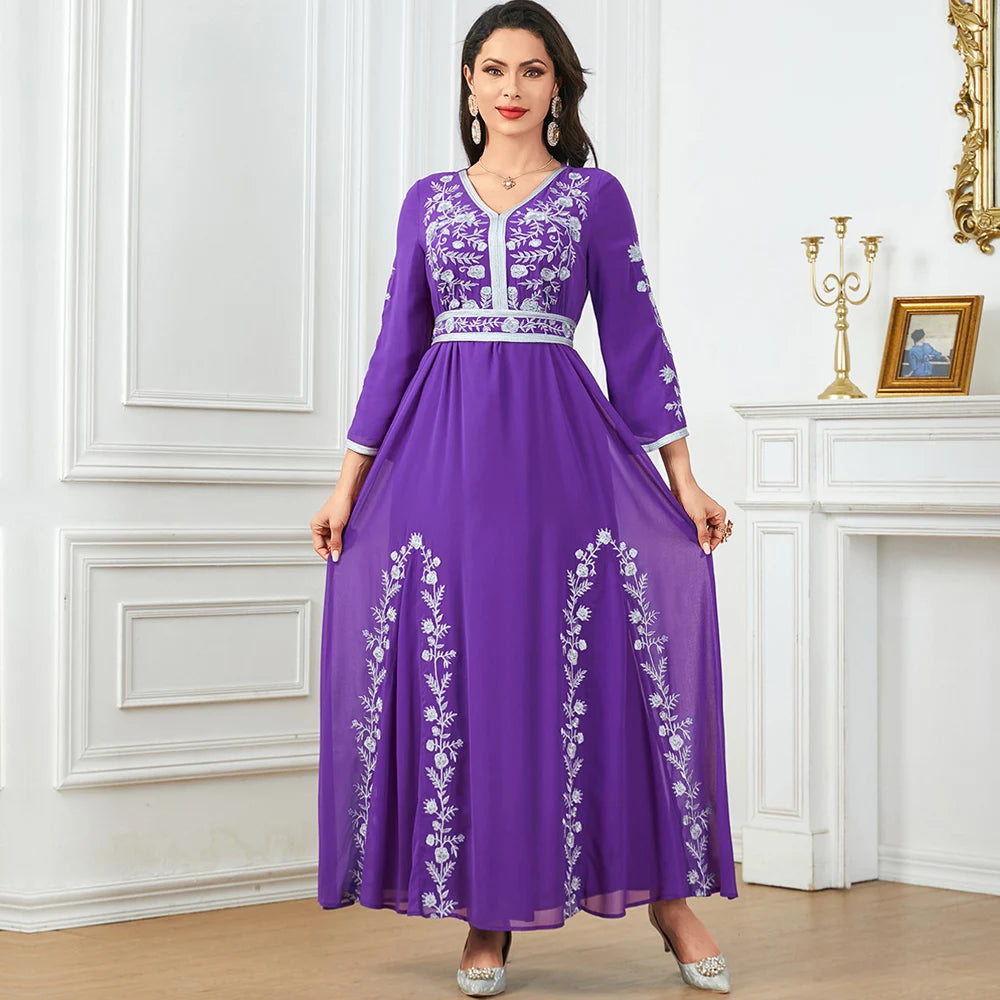 Uni Fashion Muslim Dubai Morocan Islamic Abayas V-Neck A-Line Neck Belted Kaftan Floral Embroidery Arabic Robe For Woman - Seprincess