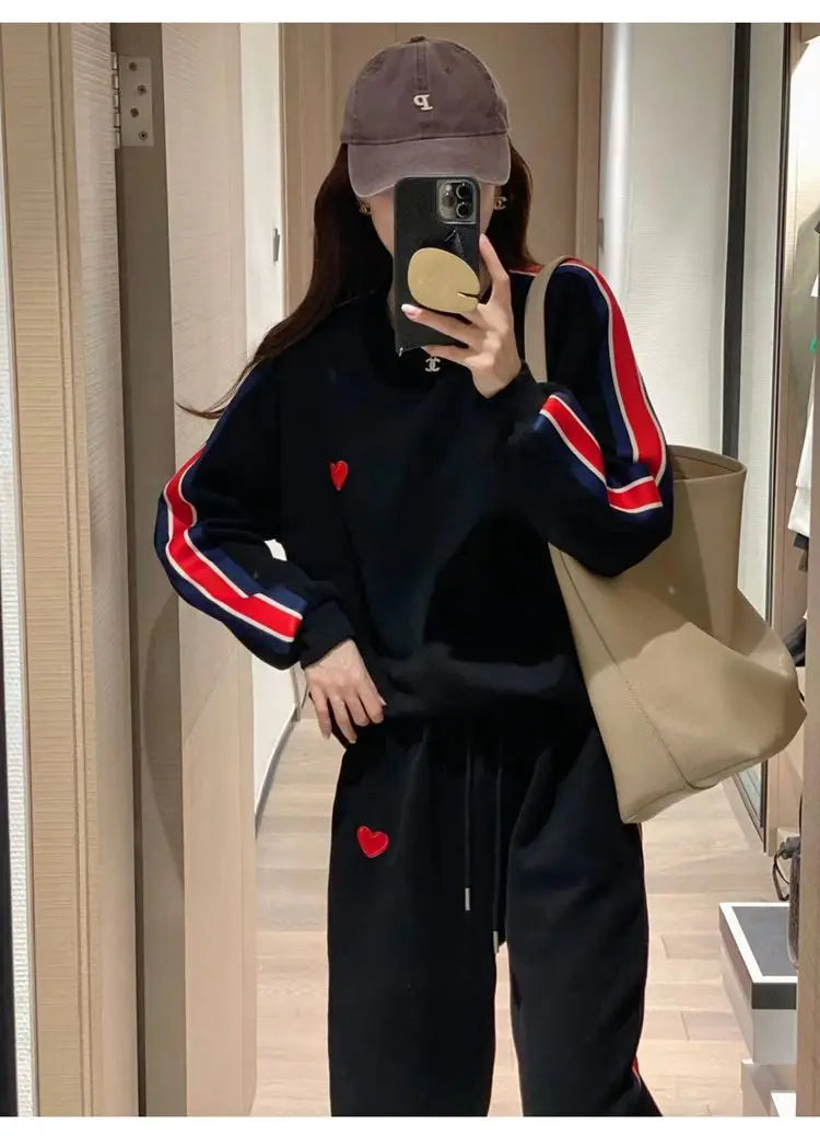 Autumn Cute Love Embroidery Pant Sets Two Pieces Tracksuits Khaki Side Striped Sweatshirt Women Girls Loose Sporty Korean Style - Seprincess