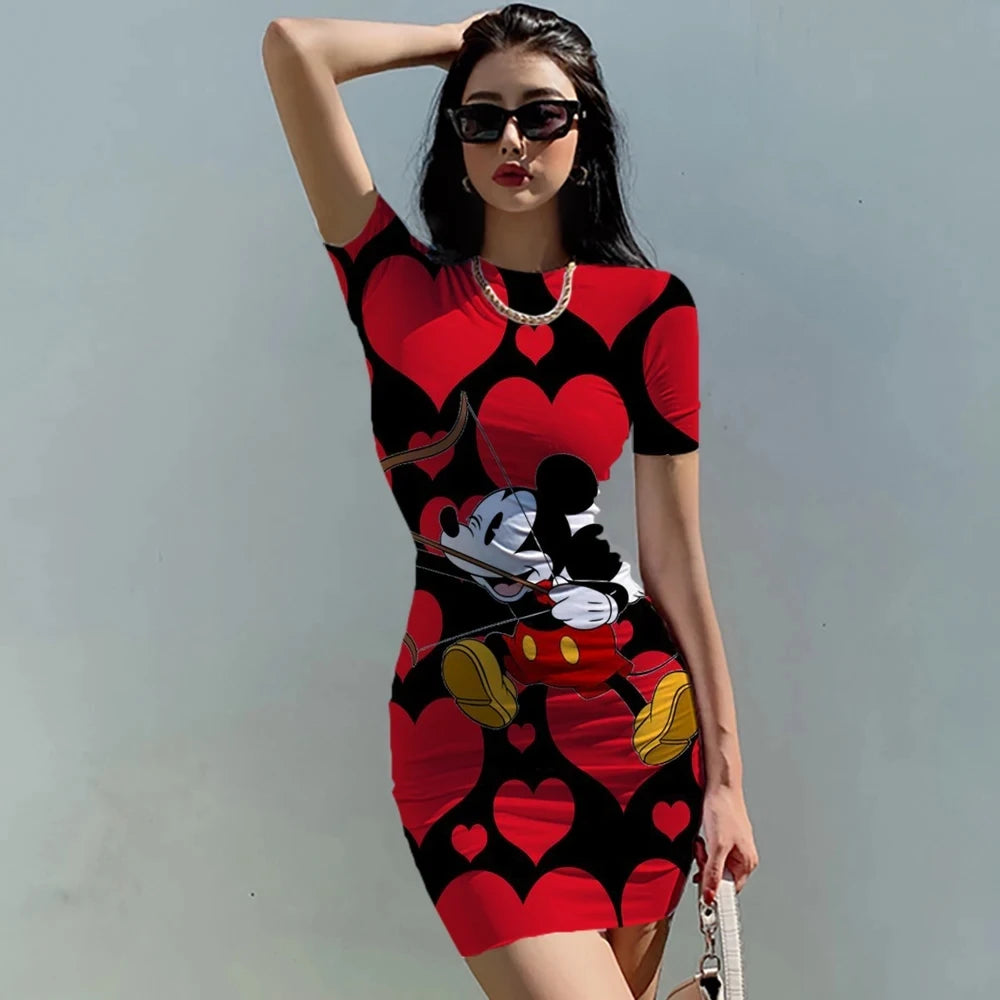 Women's Mickey Mouse print patchwork fashionable knee length O-neck dress, tight fitting summer sexy women's clothing - Seprincess