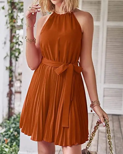 2023 Summer Short Pleated Dress Women Halter Dress Ladies Sleeveless A Line Party Dress For Women - Seprincess