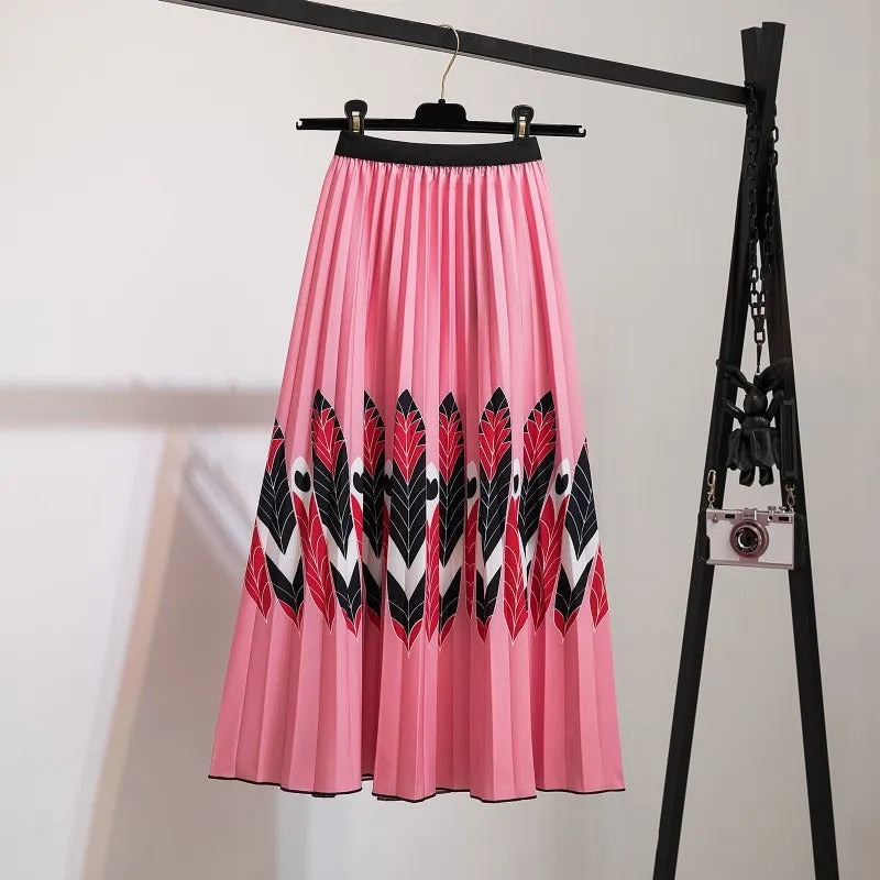 2024 Summer Women Cartoon Print Pleated Skirts A Line High Waisted Elastic Midi Long Skirt Ladies Party Korean Style Dresses - Seprincess