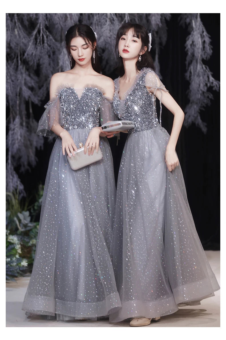 Grey Bridesmaid Evening Dress Women Off Shoulder Sequins Wedding Party Vestidos Fairy Temperament Sisters Group Gown Summer - Seprincess