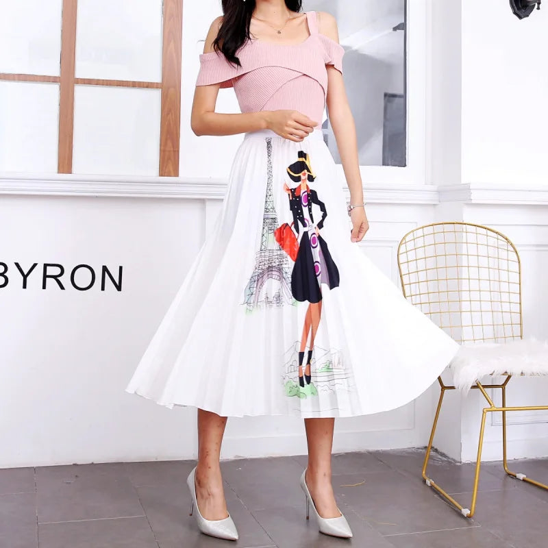 2024 Summer Women Cartoon Print Pleated Skirts A Line High Waisted Elastic Midi Long Skirt Ladies Party Korean Style Dresses