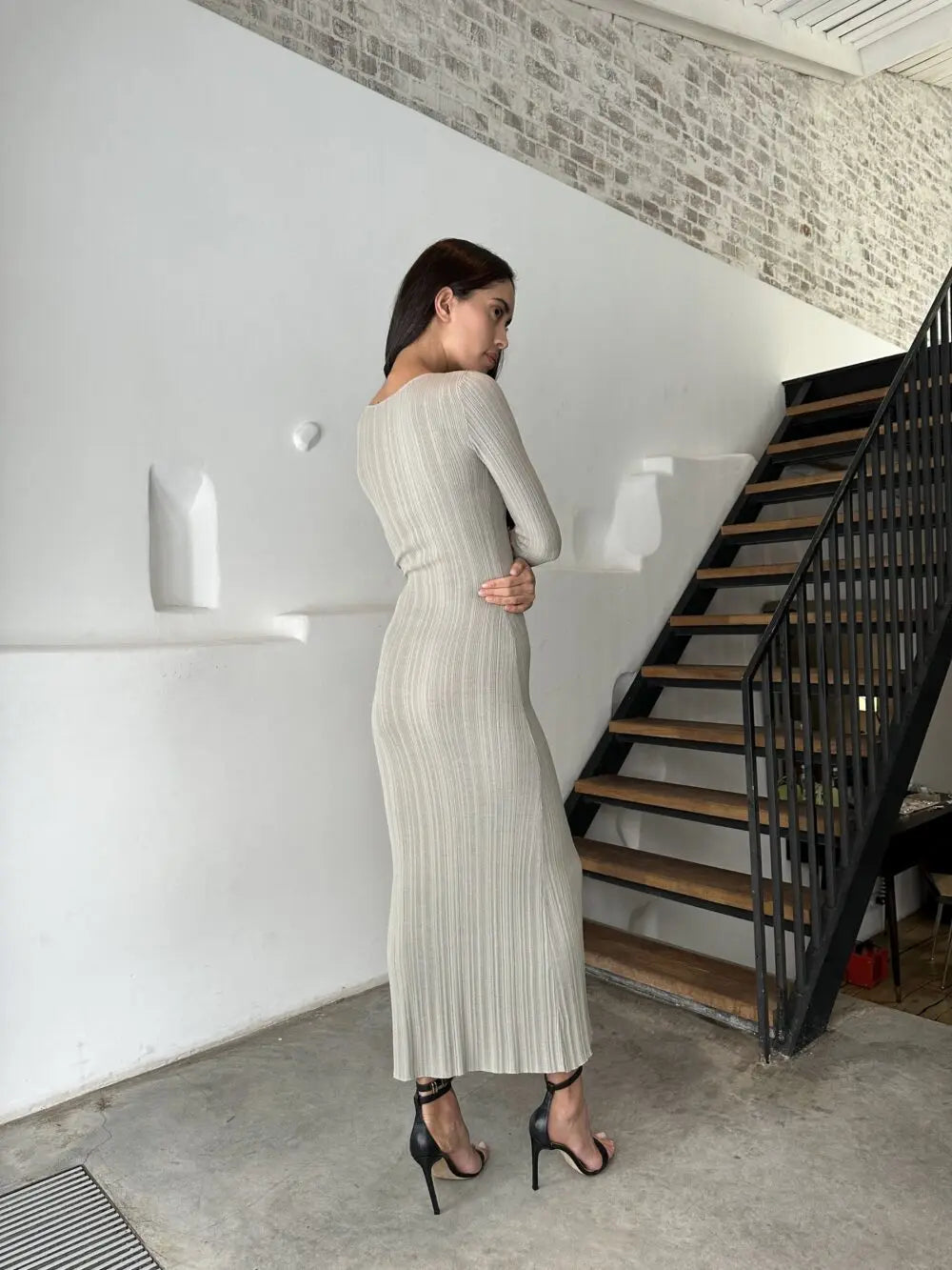 Autumn Long Sleeve Knitted Maxi Dress Women Elegant Sexy Pit Strip O-Neck Bodycon Evening Party Dresses 2024 Lady Casual Dress - Seprincess