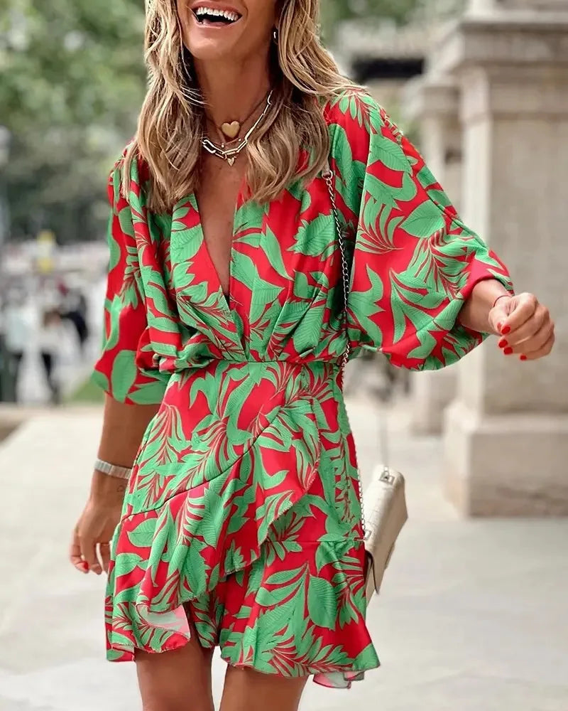 spring Irregular Mini Dress For Women Fashion Print Casual Bohemia Style Vacation Sundress Women's Bat Sleeve Ruffles Dresses - Seprincess