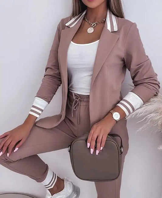 Women's Spring Double Breasted Blazer Office Pantsuit Striped Notched Collar Blazer Coat Drawstring Pants Set 2 Piece Set Female - Seprincess