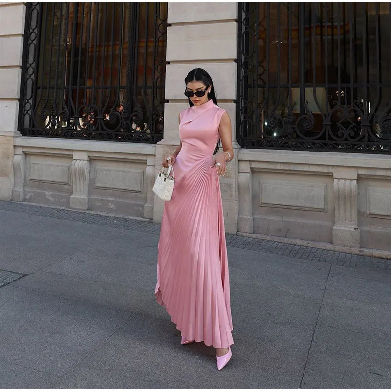 Solid Color Half Collar Long Dress Women Sleeveless Irregular Ruffle Maxi Dress Lady 2024 Fashion Evening Party Long Robes - Seprincess