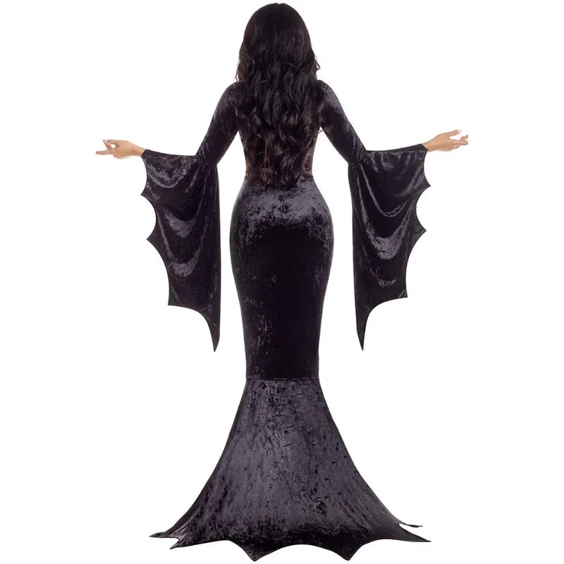 Halloween Cosplay Gothic Witch Ghost Bride Vampire Costume Winter Trumpet Sleeves Evil Witch Dress Adams Family Fishtail Dress - Seprincess