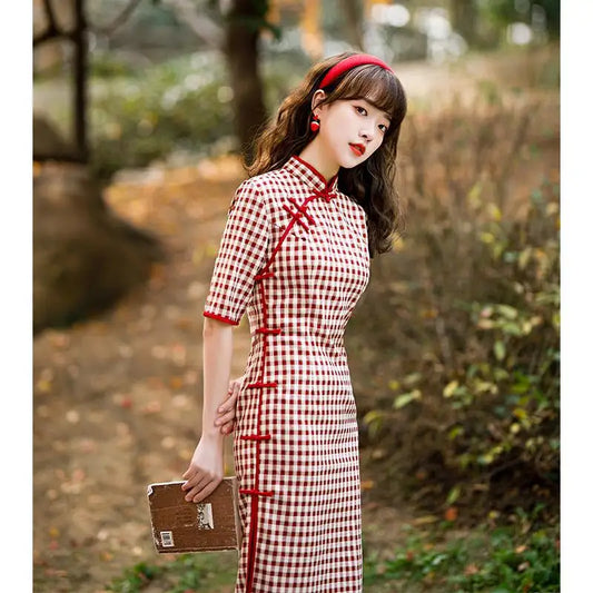 Plaid Cheongsam Young Girl 2024 Spring New Style Literary Elegant Retro Chinese Style Qipao Dress - Seprincess