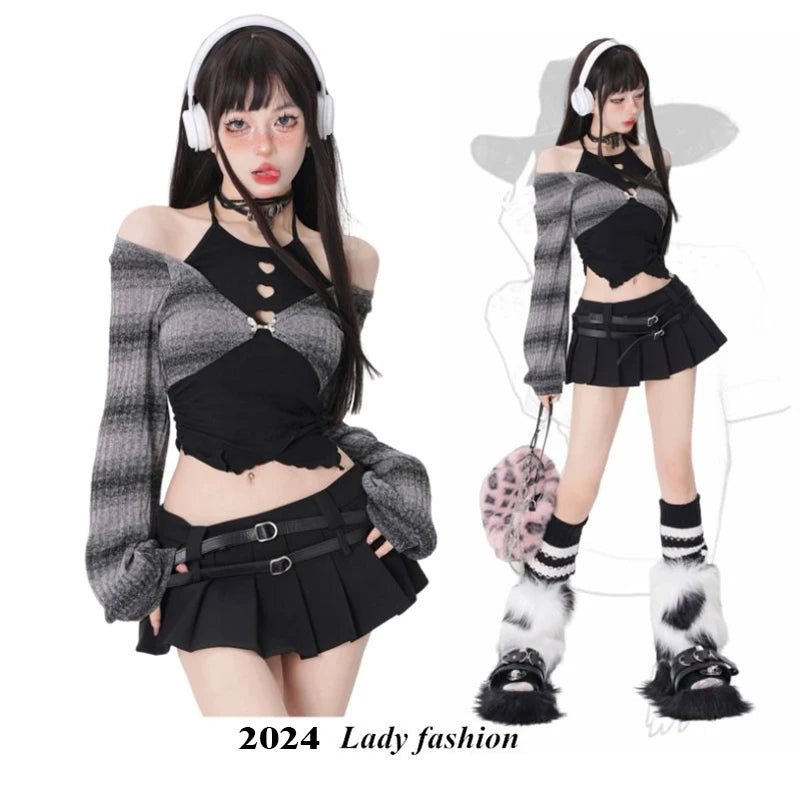 2024 Spring Autumn Two Pieces Skirt Set Women Y2k Crop Tops T-shirt + Short Skirt Japanese Kawaii Fashion Suits Chic New Korean - Seprincess