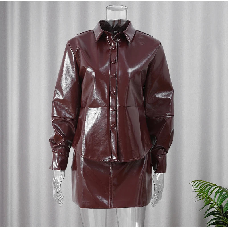 2024 Chic Burgundy Pu Leather Women's Mini Skirt Set Retro Slim Fit Lapel Single-breasted Jacket Suit Female High Street Outfits - Seprincess