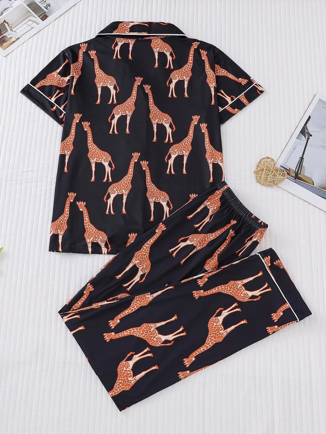 Giraffe collar short and long women's printed pajamas set short sleeved top and loose pants comfortable women's pajamas - Seprincess