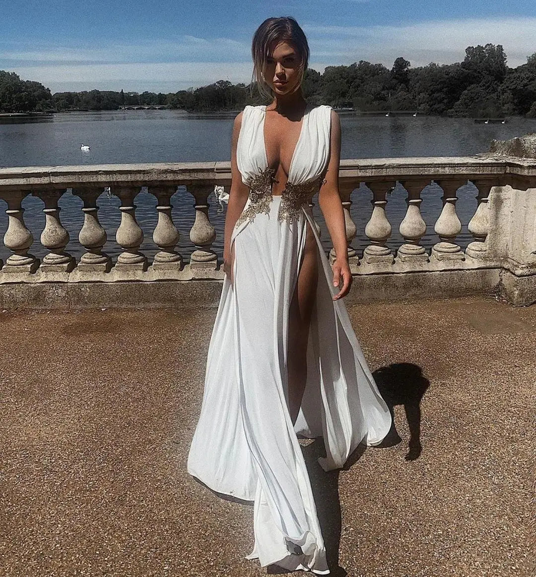 Sexy Deep V Neck High Split Evening Cocktail Maxi Dress Women Backless Embroidery Beading Long Formal Wedding Party Dress