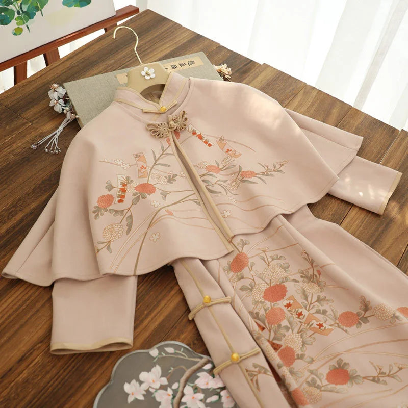 Autumn Elegant Slim Chinese Traditional Dress Women Hanfu Long Sleeve Qipao Shawl Two-piece Set Female Vestido Chino Cheongsams - Seprincess