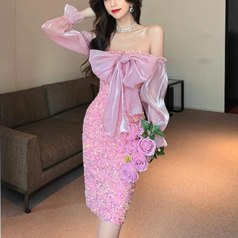 Women Chic Long Sleeves Off Shoulder Sequin Sexy Slim Bodycon Slip Dress Vintage Fashion Vestido Elegant Hip Wrap Short Dress - Seprincess