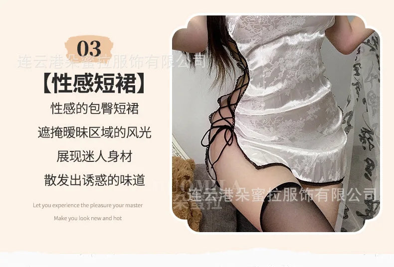 Sexy Cheongsam Mini Dress Mesh Lace Sheer Charming Underwear Uniform Transparent Slim Side Straps Dress Elegant Tops HE1O - Seprincess