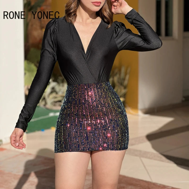 Women Chic Sequins Patchwork Long Sleeves V Neck Sexy Mini Bodycon Party Dresses - Seprincess