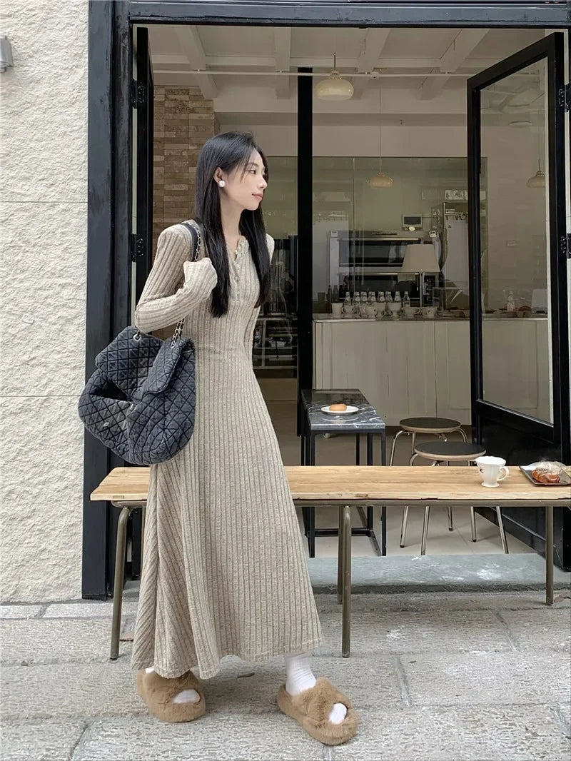 Vintage Versatile Knitted Long Sleeve Dress Women's Slimming A- line Skirt Autumn/winter Waist-fitted Long Dress - Seprincess