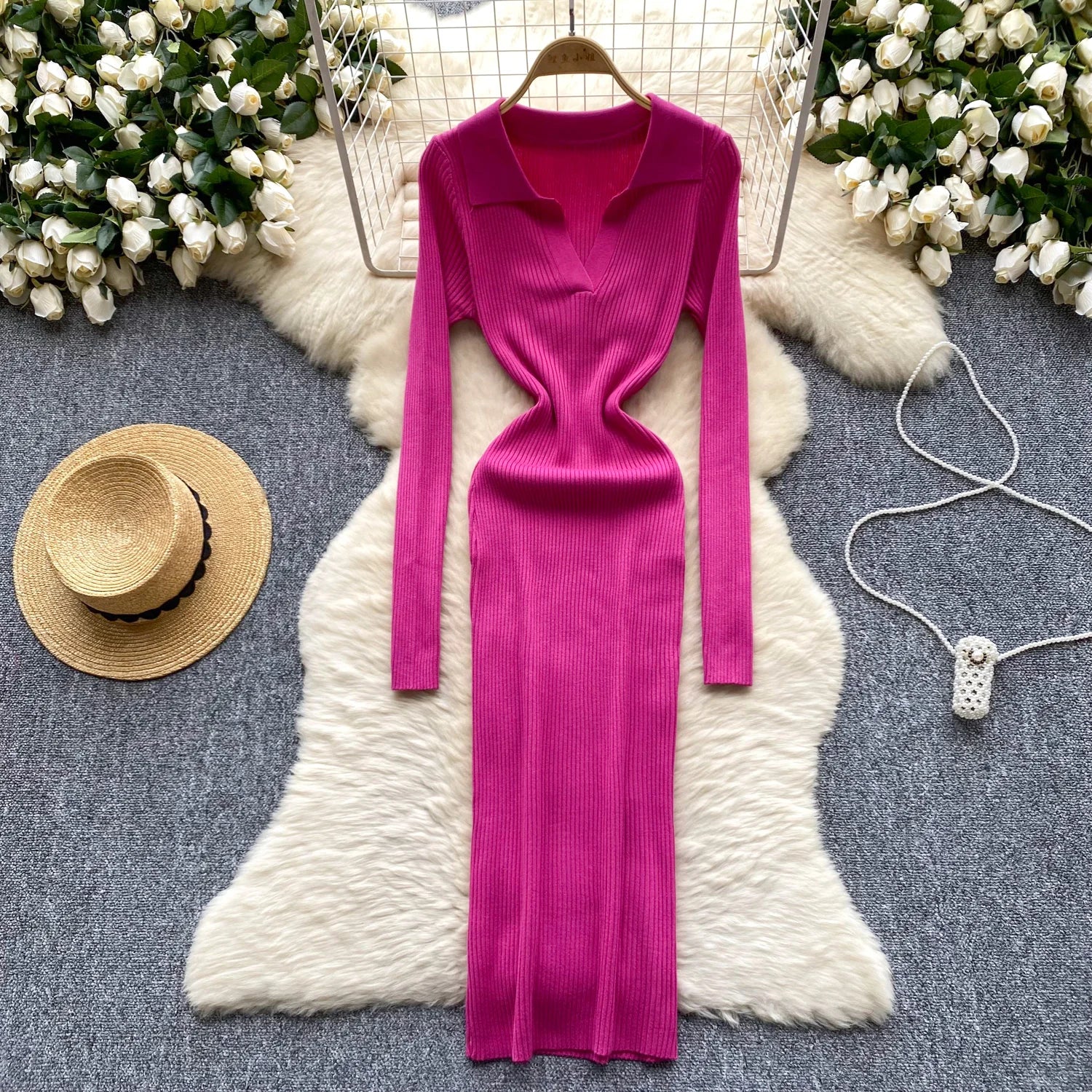 SINGREINY French Vintage Sweater Dress 2024 Ladies Lapel Long Sleeves Autumn Fashion Solid Basics Bodycon Knitted Long Dress - Seprincess