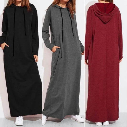 Autumn Women's Dress 2023 New Fashion Simple Retro Hooded Dress Sweatshirt Winter Long Sleeve Pocket Solid Hooded Robe - Seprincess