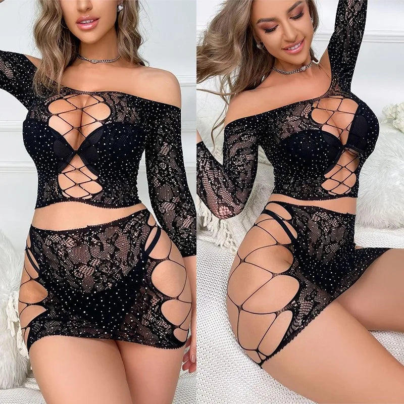 LingerieDress Hollow mesh deep V perspective bright diamond sexy. items Short dresses new xxnx adult sexy clothing sexy tоy body - Seprincess