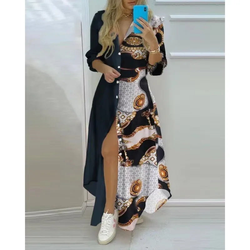 Women Boho Printed Long Shirts Dress Summer Turn-down Collar Long Sleeve Party Dress Female Casual Evening Maxi Dresses Vestidos - Seprincess