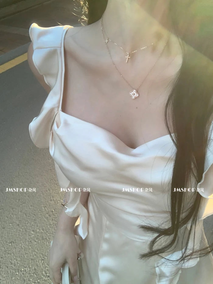 Elegant Sleeveless Satin Mini Dress Women 2023 Summer Korean Short Design Spaghetti Strap Vintage Fairy Sweet Female Clothing - Seprincess