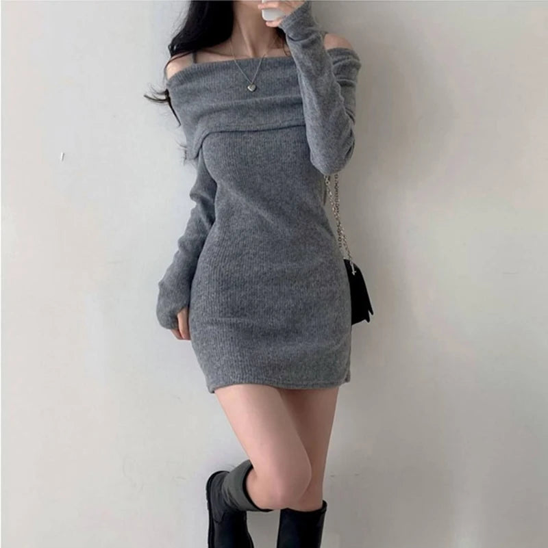 Y2K Women Knitted Mini Dress Korean Sexy Off Shoulder Female Dress Spring New Spaghetti Strap Long Sleeve Ladies Vestidos - Seprincess