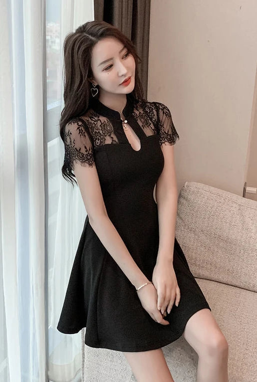 Women's Summer Lace Dress Tulle Cheongsam Dresses for Women 2023 Black Party Prom New Silk Transparent Korean Fashion Vintage - Seprincess