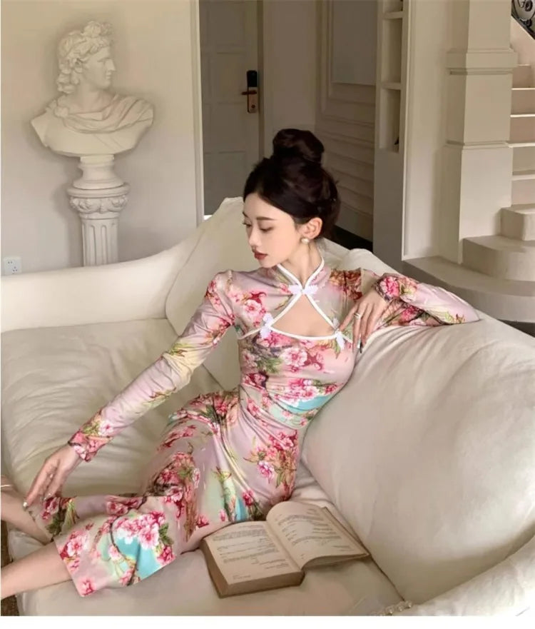 150kg 5XL Large Size Vintage Chinese Cheongsam Print High Split Bodycon Maxi Dress Plus Size Long Sleeve Qipao Long Vestidos - Seprincess