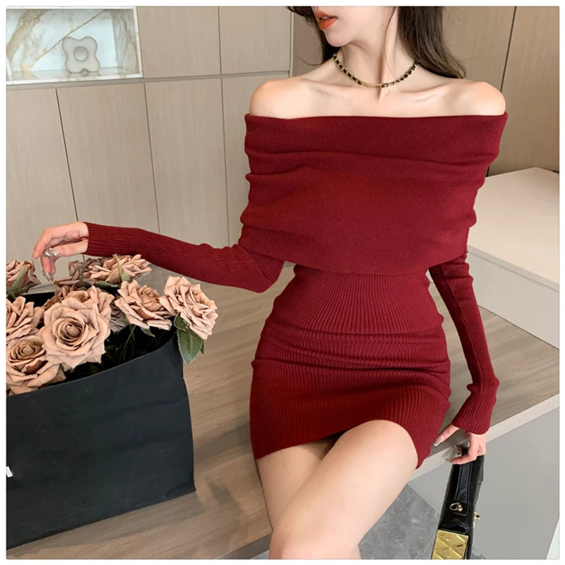 Sexy Slash Neck Mini Dress Women Vintage Elegant Black Wrap Sweater Dresses Winter Korean Red Off Shoulder Bodycon Vestidos New - Seprincess