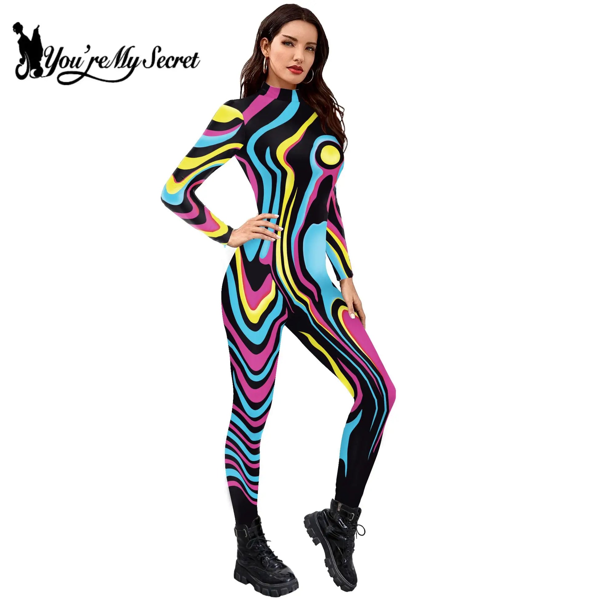 [You're My Secret] Women's Catsuit Fashion Funny Halloween Cosplay Costumes 3D Skeleton Muscle Print Zentai Bodysuit Jumpsuits - Seprincess