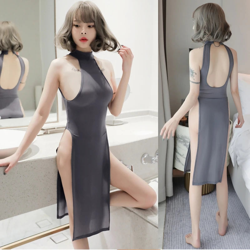 Women's Elegant Black Sleeveless Bandage High Split Dresses Backless Halter Bodycon Long Dress White Cheongsam Qipao Mini Dress - Seprincess