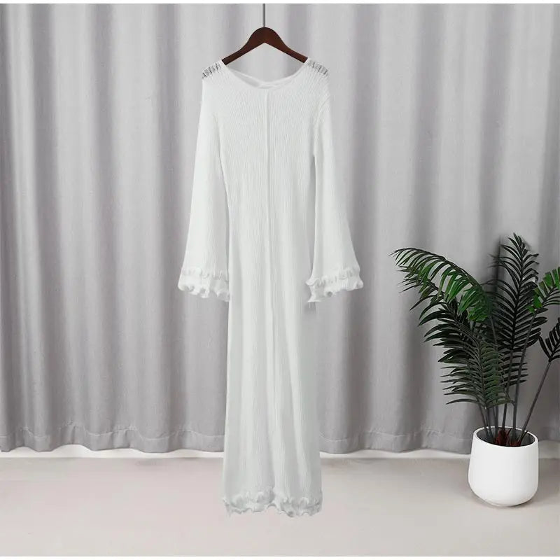 Fashion Solid Ruffles Pleated Loose Long Dress Women Elegant Round Neck Flare Long Sleeves Maxi Dresses Lady High Street Wear - Seprincess