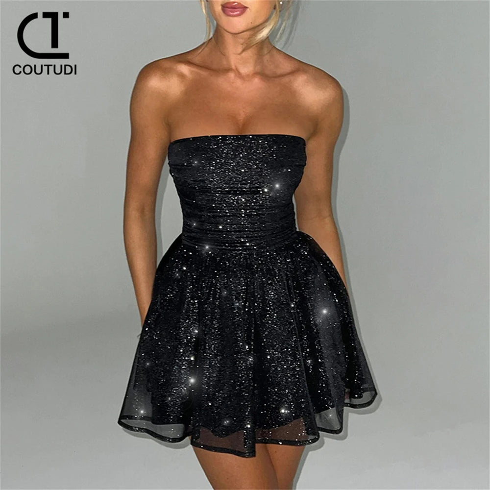 COUTUDI 2024 Women Sexy Sequin Dress Chest Wrapping Party Dress Women Elegant Backless Mini Dress Short Evening Gown Vestidos - Seprincess