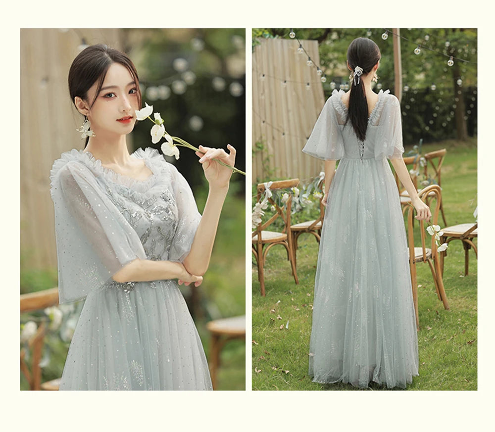 4 Styles Grey Bridesmaid Dress Women's Elegant V-neck Sequins Shawl Collar Slim A-line Gown Light Luxury Wedding Party Vestido