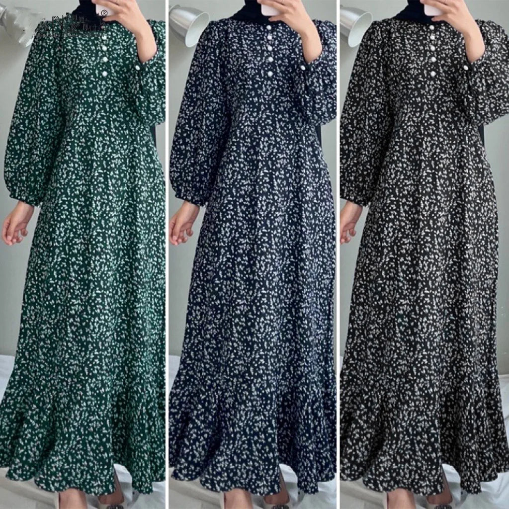 Women Fashion Loose Printed Long Sleeve O Neck Muslim Abaya Dress Vintage Ruffles Hem Sundress Robe Femme Turkey Vestido Kaftan - Seprincess