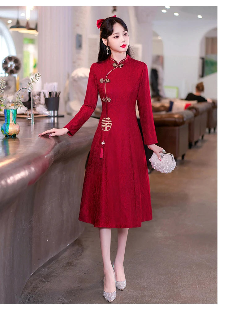 Retro Chinese Traditional Red Wedding Qipao Dress Modern Improved Long Sleeve Embroidered Cheongsam Plus Size Women Clothing CNY - Seprincess