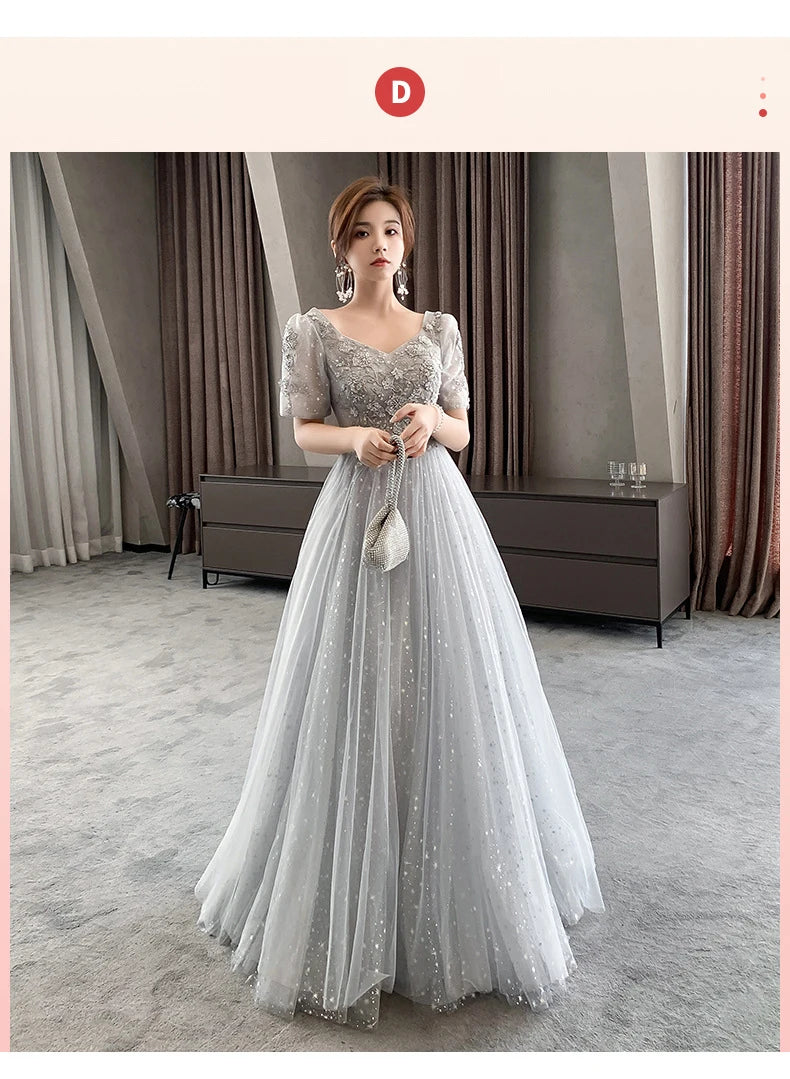 Grey Bridesmaid Dresses Elegant Women Applique Off The Shoulder Floor Length Tulle Wedding Party Dress Formal Prom Gowns - Seprincess