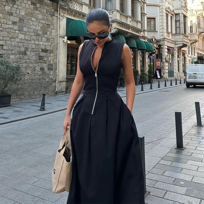 Fashion Sleeveless Spliced Zipper Maxi Dress Elegant V-neck High Waist Slim Pleated Long Dresses Summer Office Lady Street Robes - Seprincess